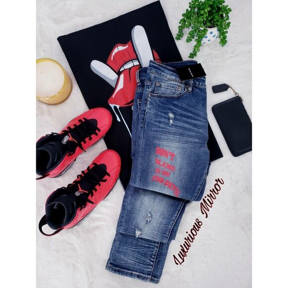 Bluecarats Tapered Jeans Blue Stretch Don't Blame It On The Devil Sz 34 Mens New - Picture 1 of 7